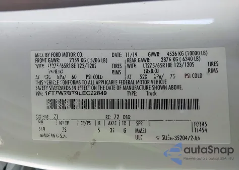 2020 Ford F-250 Xlt из США, поврежденный, VIN 1FT7W2BT9LEC22849